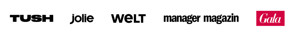 Logos von fünf Publikationen von links nach rechts dargestellt: TUSH, jolie, WELT, manager magazin und Gala (weiße Schrift auf rotem, quadratischem Hintergrund).