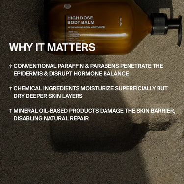 Eine Flasche Daluma-shop BODY CARE DUO ruht auf Sand, während ein Text die hautfreundlichen Inhaltsstoffe erklärt und die Vorteile gegenüber Produkten mit Paraffin, Parabenen und Mineralölen hervorhebt.