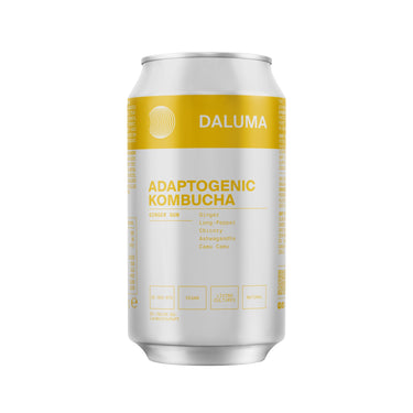 Eine silberne Dose GINGER GUN INGWER KOMBUCHA 24 PACK von DALUMA mit gelbem und grauem Etikett enthält Ingwer, langen Pfeffer, Chicorée, Ashwagandha, Camu Camu und ist zuckerarm mit probiotischen Kulturen für ein besonderes Kombucha-Erlebnis.