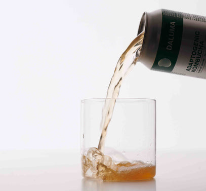 Eine Dose mit der Aufschrift Adaptogenic Kombucha wird gekippt und gießt eine hellbraune Flüssigkeit in ein klares Glas mit einem Spritzer. Der Hintergrund ist weiß und minimalistisch.
