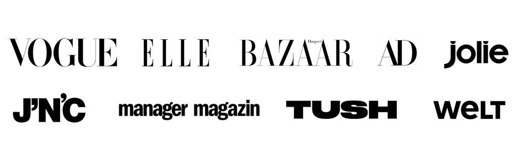 Logos verschiedener Zeitschriften und Medien, darunter Vogue, Elle, Harper's Bazaar, AD, jolie, J'N'C, manager magazin, Tush und WELT, in schwarz-weiß auf weißem Hintergrund.
