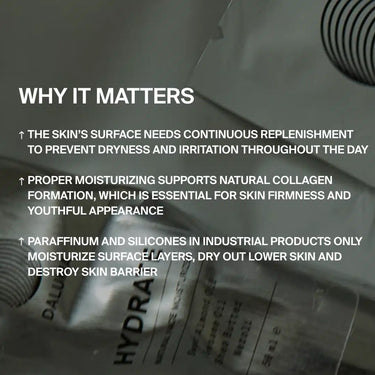 Informationsgrafik über die Bedeutung der Feuchtigkeitspflege - die Verwendung von DALUMA FACIAL MOISTURIZER GESICHTSPFLEGE mit natürlicher Feuchtigkeit, für jeden Hauttyp geeignet - zeigt Vorteile wie Vorbeugung gegen Trockenheit, Kollagenunterstützung und Warnungen vor Paraffin/Silikonen. Grauer Hintergrund.