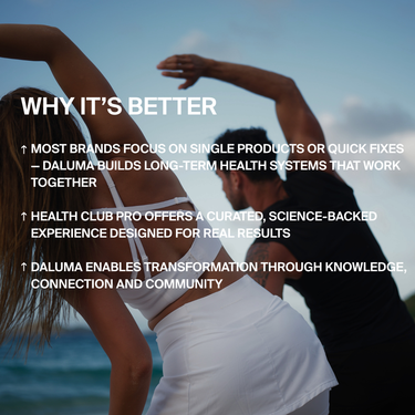 Zwei Personen in Sportkleidung dehnen sich am Meer. Der eingeblendete Text wirbt für die HEALTH CLUB PRO MITGLIEDSCHAFT von DALUMA: Genießen Sie kuratierte, wissenschaftlich fundierte Wellness-Erlebnisse, Unterstützung für das Gesundheitssystem und Vorteile für die Gemeinschaft - exklusiv für Mitglieder.