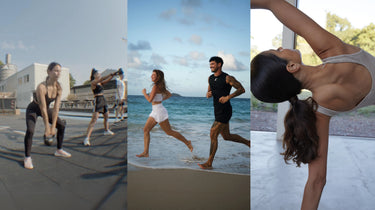Eine Collage zeigt Frauen, die im Freien Kettlebells stemmen, einen Mann und eine Frau, die an einem Strand joggen, und eine Frau, die sich in einem Haus neben einem Fenster dehnt.