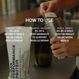 Eine Person bereitet einen Shake mit DALUMA VEGANES PERFORMANCE PROTEIN NEUTRAL DOUBLE neben dem Beutel zu. Der Text hebt hervor, wie veganes Protein die Gewichtsabnahme, die Erholung und den Muskelaufbau unterstützt.