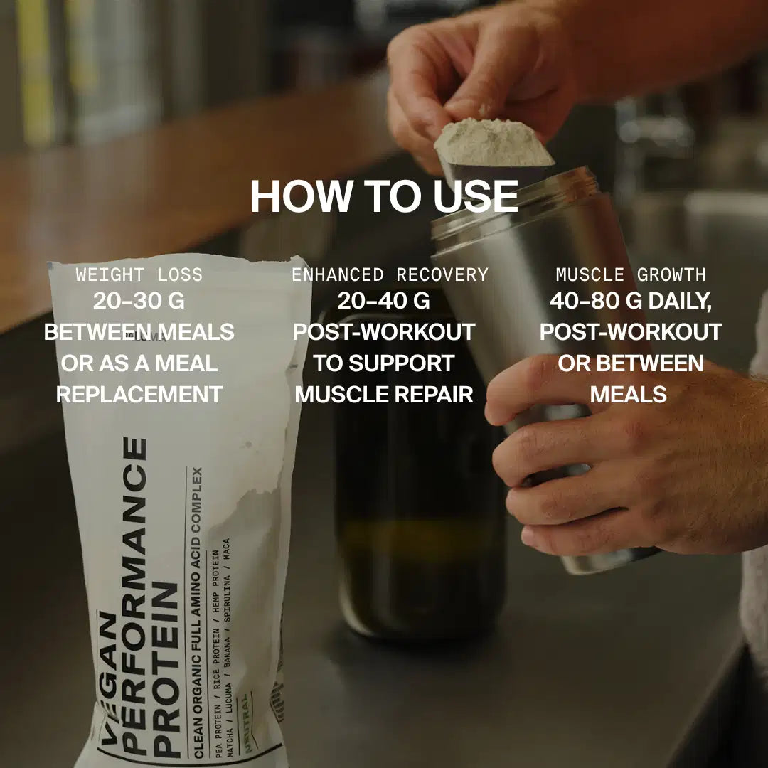 Jemand gibt DALUMA VEGAN PERFORMANCE PROTEIN STARTER PACK in einen Shaker. Verwenden Sie 20-30 g zum Abnehmen, 20-40 g nach dem Training zur Erholung und 40-80 g täglich zum Muskelaufbau und zur Aufrechterhaltung eines optimalen Aminosäureprofils.