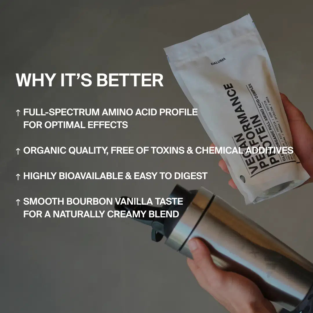Eine Person hält eine DALUMA VEGANES PERFORMANCE PROTEIN VANILLE in der einen Hand und einen Edelstahl-Shaker in der anderen. Der Text hebt die Vollspektrum-Aminosäuren, die Bioqualität, die hohe Bioverfügbarkeit und den natürlichen Vanille-Geschmack hervor.