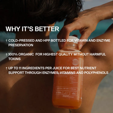 Eine Person hält eine Flasche DALUMA THE RADIATOR 6 PACK mit Textüberlagerung: kaltgepresst, 100% biologisch, bis zu 11 Zutaten pro Saft für optimale Nährstoffe, reich an Vitamin A und maximaler Vitaminspeicher.