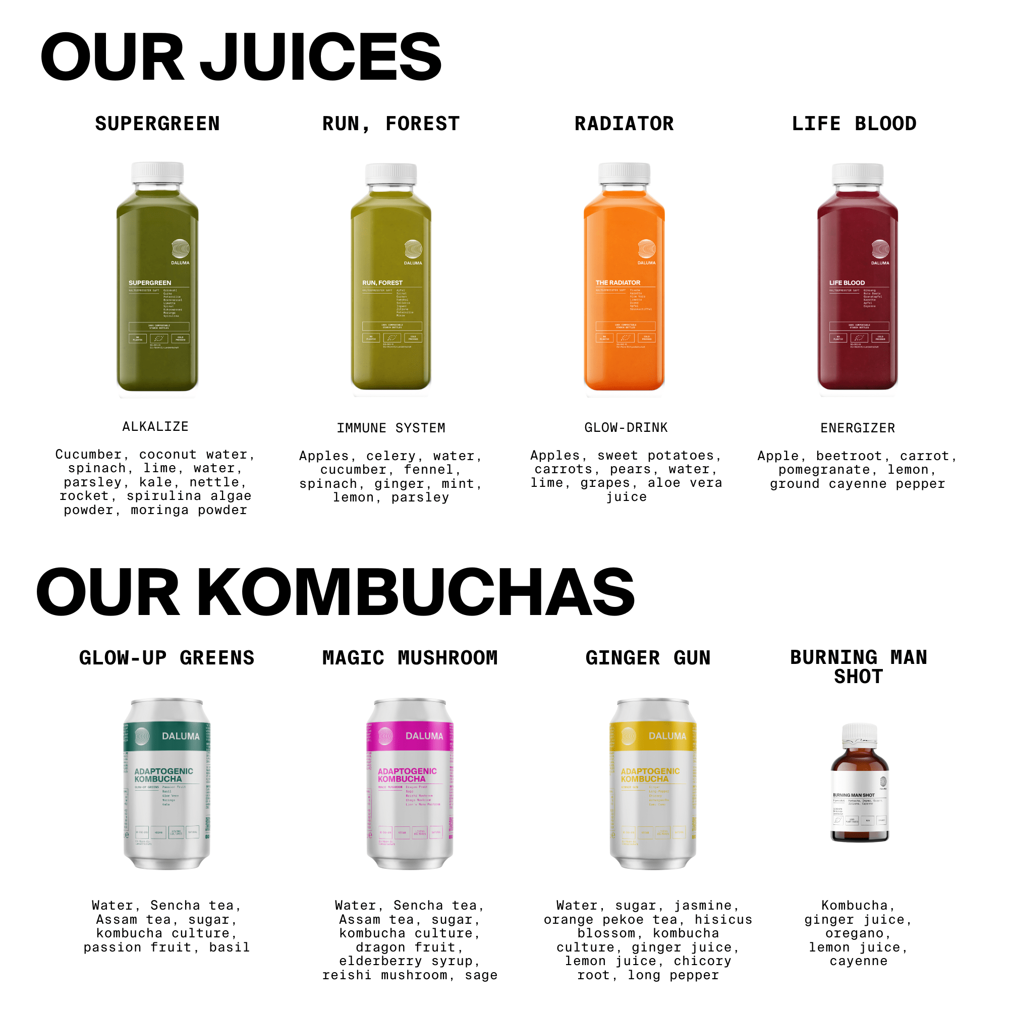 Acht DALUMA-Getränke für die BETTER SHAPE SAFTKUR 5 TAGE sind in zwei Reihen angeordnet: vier kaltgepresste Säfte (grün, gelb, orange, rot) oben und drei Kombucha-Flaschen plus ein kleiner Shot unten. Auf jeder Flasche sind Name und Inhaltsstoffe angegeben - ideal für deine Entgiftung!.