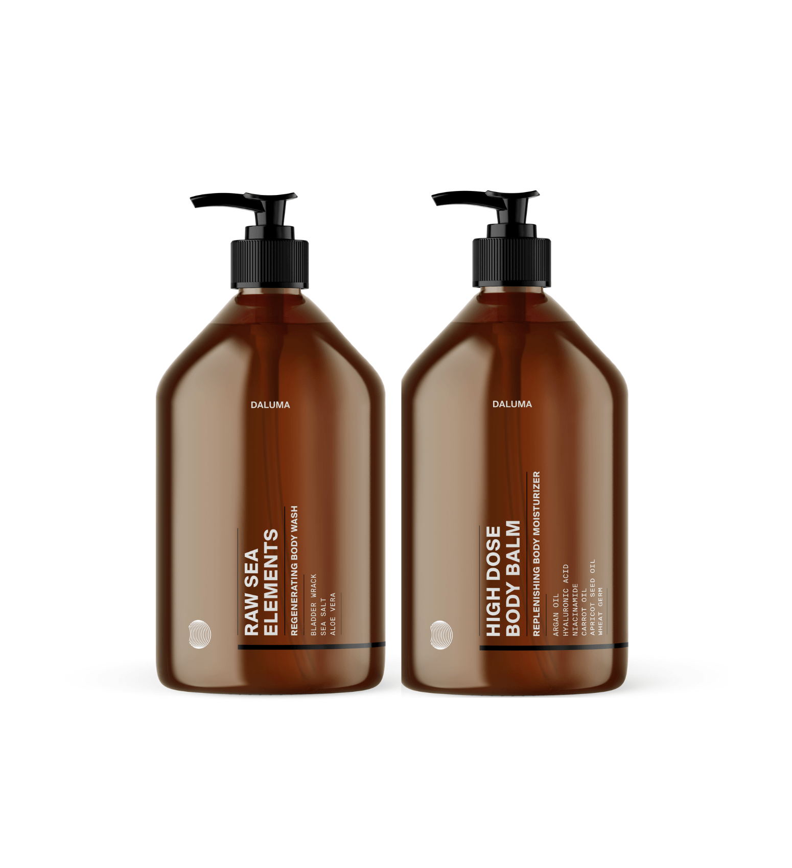 Zwei braune Pumpflaschen mit der Aufschrift BODY CARE DUO von Daluma-shop und weißem Schriftzug stehen aufrecht vor einem weißen Hintergrund - eine elegante und moderne Ergänzung für Ihre tägliche Körperpflege.