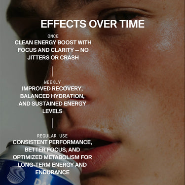 Nahaufnahme einer Person, die das DALUMA CLEAN BCAA ENERGY DRINK trinkt, mit eingeblendetem Text: sauberer Energieschub, verbesserte Erholung und Flüssigkeitszufuhr durch vegane BCAAs und konstante Leistung.