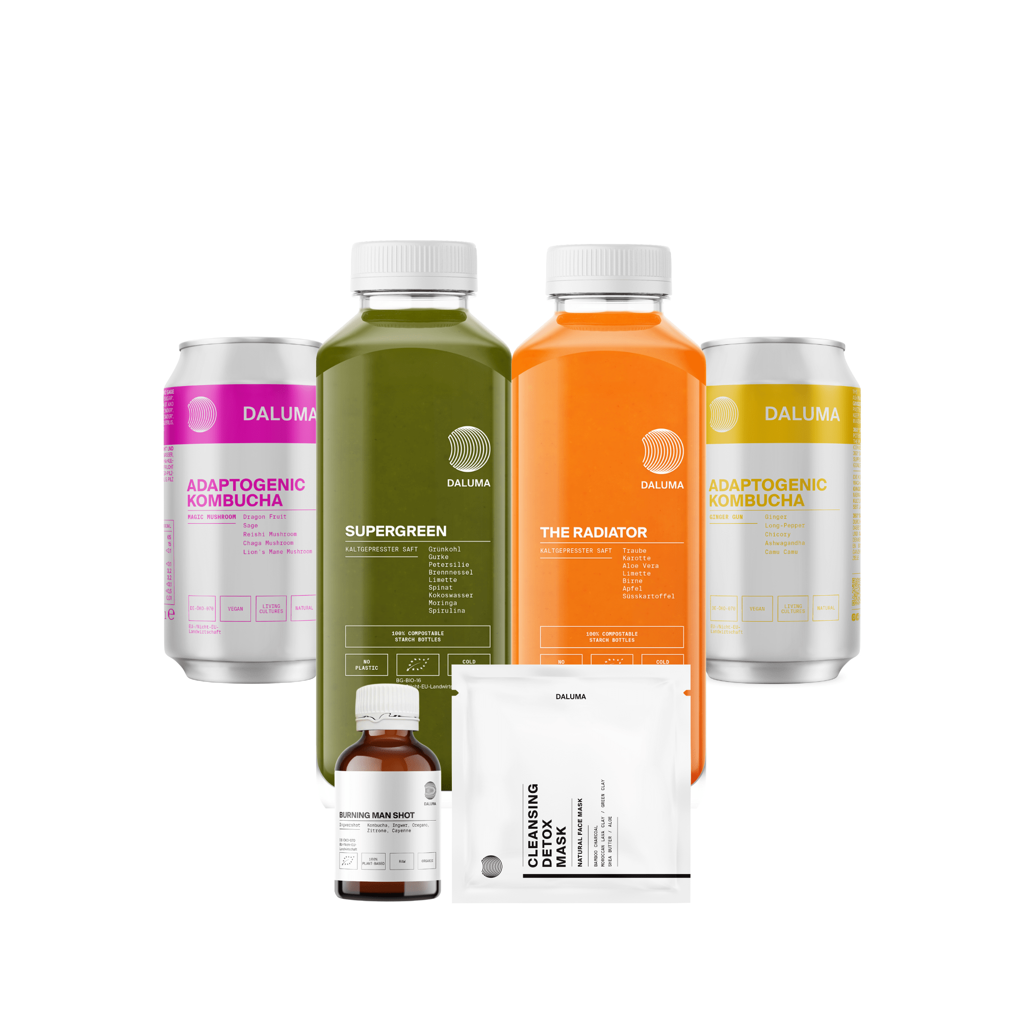 DALUMA CLEANSE DAY enthält biologisch kaltgepresste Säfte, zwei Dosen adaptogenen Kombucha, eine kleine Glasflasche und ein Päckchen mit weißem Reinigungspulver, alles fein säuberlich vor einem weißen Hintergrund angeordnet.