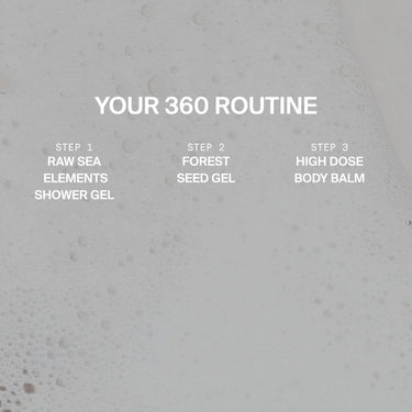 Weißer, sprudelnder Schaumstoff-Hintergrund mit Text: DEINE 360 ROUTINE. Unten, drei Schritte: 1. Raw Sea Elements Duschgel, 2. DALUMA FOREST SEED GEL PEELING HANDSEIFE mit Aprikosenkernen, 3. High Dose Body Balm & vegane Handseife.