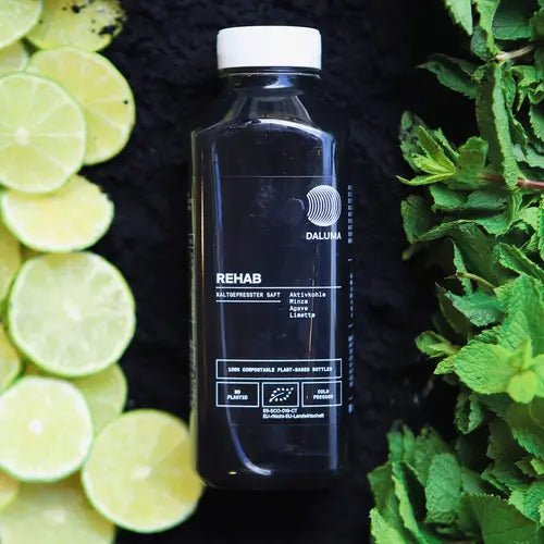 Eine dunkle Flasche mit der Aufschrift DALUMA GRÜNE SAFTKUR - 3 TAGE steht auf einer schwarzen Fläche, umgeben von frischen Limettenscheiben und grünen Minzblättern. Das Etikett betont Ernährung, Nachhaltigkeit und bio-kaltgepresste Säfte - ideal für Ihre nächste Saftkur.