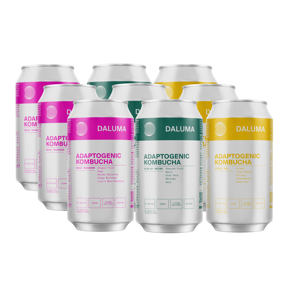 Acht Dosen DALUMA RAW KOMBUCHA DISCOVERY SET, die die Darmgesundheit mit probiotischen Kulturen fördern, in drei Geschmacksrichtungen (rosa, grün, gelbes Etikett) sind in zwei Reihen vor weißem Hintergrund angeordnet.