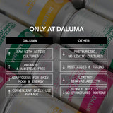 Vergleichstabelle: DALUMA GINGER GUN INGWER KOMBUCHA 24 PACK ist roh, biologisch, zuckerarm, frei von Zusatzstoffen, enthält probiotische Kulturen und Adaptogene und wird in praktischen Packungen geliefert - andere sind pasteurisiert, weniger bioverfügbar, können Giftstoffe enthalten und stören den Tagesablauf.