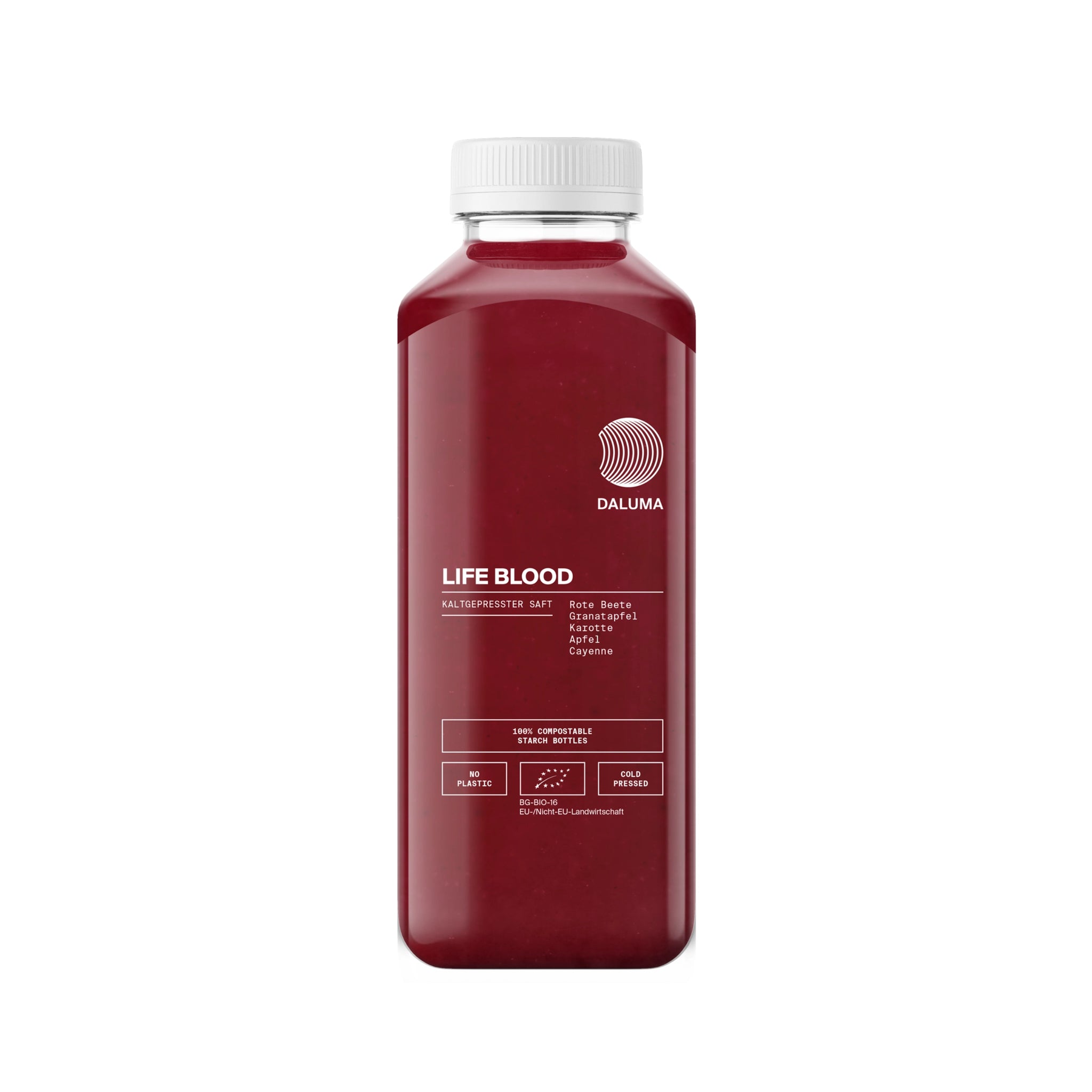 Eine klare Plastikflasche mit weißem Verschluss enthält DALUMA LIFE BLOOD POWER SAFT 6 PACK, einen dunkelroten, kaltgepressten Saft mit Roter Bete, Apfel, Ingwer, Zitrone und Cayenne. Das minimalistische Etikett zeigt einfache weiße Grafiken und Text.