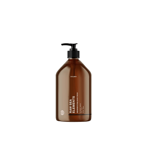 Eine braune Pumpflasche von DALUMA RAW SEA ELEMENTS SHOWER GEL steht vor einem weißen Hintergrund. Das minimalistische Design mit weißer Schrift und schwarzer Kappe hebt pH-Balance und Meersalz Reinigung für eine sanfte, effektive Pflege hervor.